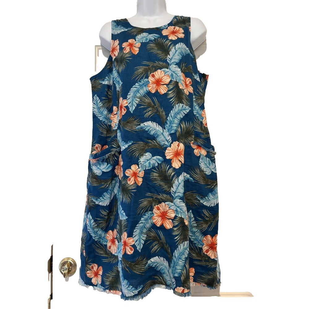Tommy Bahama sz L linen blue tropical floral sleeveless vacation shift dress E